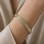 Pale Green Jade Inlay Bangle with Pave Band in Gold Tone - Image 2