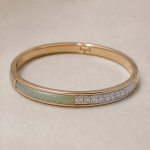 Pale Green Jade Inlay Bangle with Pave Band in Gold Tone - Image 3