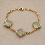Green Jade Clover Station Bracelet in Gold Tone