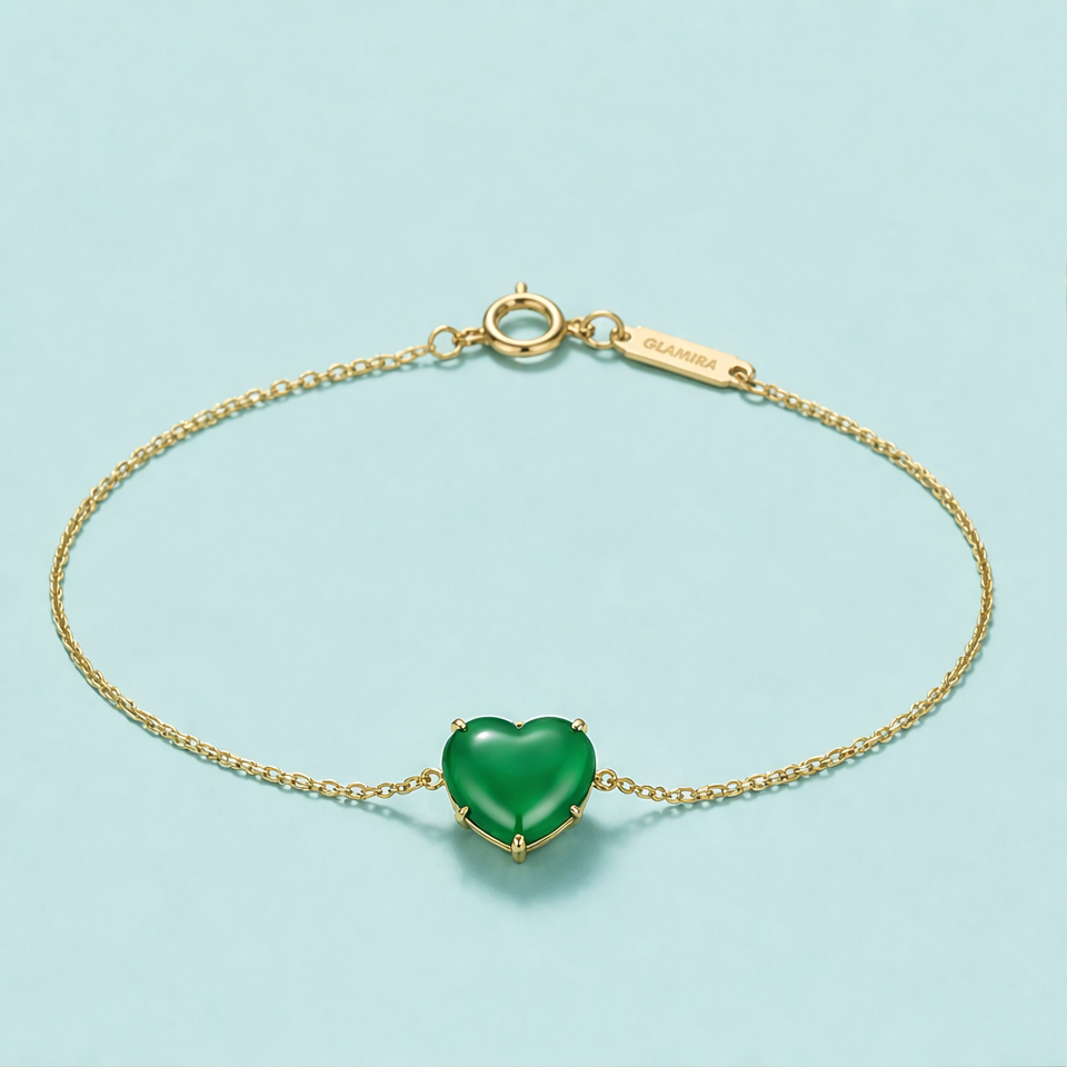 1786609812_555baa3d-1 Green Agate Heart Bracelet on Fine Chain in Gold Tone - 图片 1