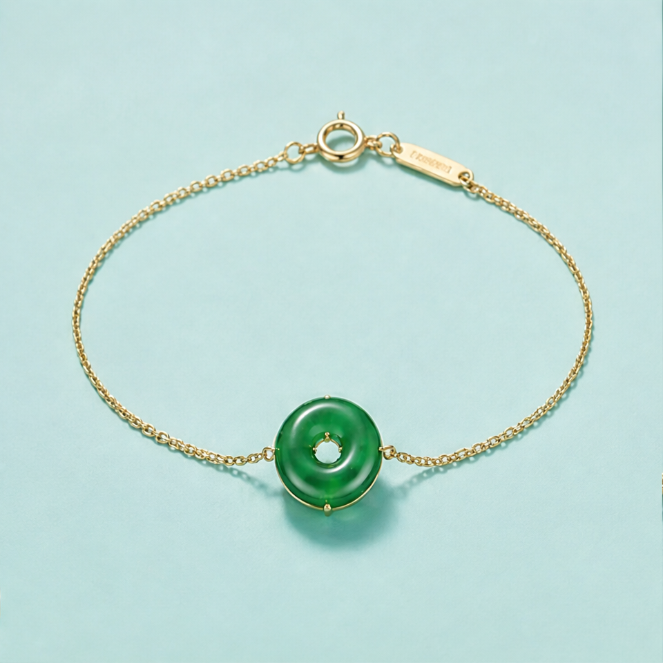 1786609822_38d59233-5 Green Agate Disc Bracelet on Fine Chain in Gold Tone - 图片 1
