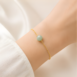 Single Green Jade Bead Bracelet on Fine Chain in Gold Tone - Image 2