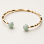 Open Cuff Bangle with Green Jade Bead Terminals in Gold Tone