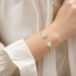 Open Cuff Bangle with Green Jade Bead Terminals in Gold Tone - Image 2