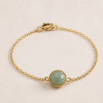 Round Green Jade Cabochon Bracelet in Beaded Bezel, Gold Tone