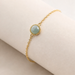 Round Green Jade Cabochon Bracelet in Beaded Bezel, Gold Tone - 图片 4