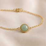 Round Green Jade Cabochon Bracelet in Beaded Bezel, Gold Tone - 图片 3