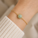 Round Green Jade Cabochon Bracelet in Beaded Bezel, Gold Tone - 图片 2