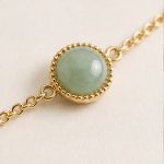 Round Green Jade Cabochon Bracelet in Beaded Bezel, Gold Tone - 图片 6