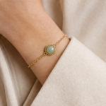 Round Green Jade Cabochon Bracelet in Beaded Bezel, Gold Tone - 图片 5