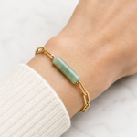 Green Jade Tube Bar Paperclip Chain Bracelet in Gold Tone - 图片 5
