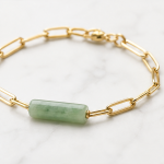 Green Jade Tube Bar Paperclip Chain Bracelet in Gold Tone - 图片 6