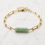 Green Jade Tube Bar Paperclip Chain Bracelet in Gold Tone