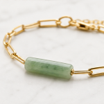 Green Jade Tube Bar Paperclip Chain Bracelet in Gold Tone - 图片 4