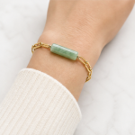 Green Jade Tube Bar Paperclip Chain Bracelet in Gold Tone - 图片 2