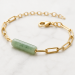 Green Jade Tube Bar Paperclip Chain Bracelet in Gold Tone - 图片 3