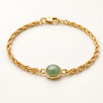 Oval Green Jade Cabochon Rope Chain Bracelet in Gold Tone