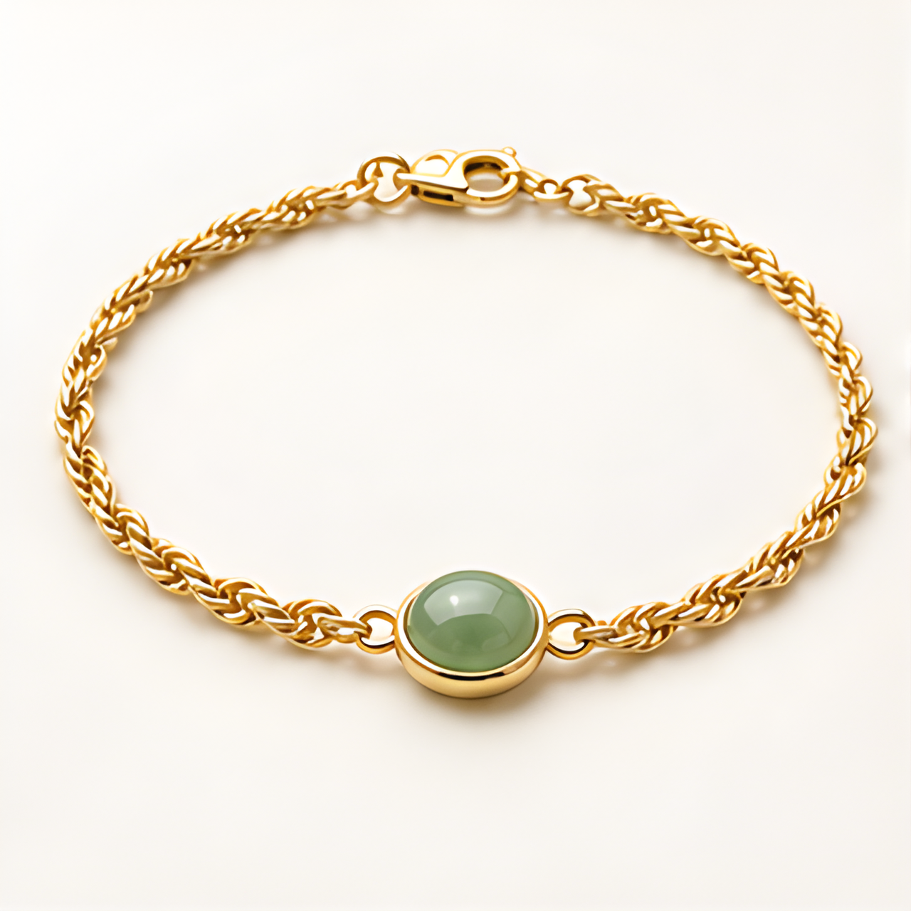 1786610375_acc1e1ea-1 Oval Green Jade Cabochon Rope Chain Bracelet in Gold Tone - 图片 1