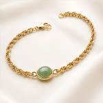 Oval Green Jade Cabochon Rope Chain Bracelet in Gold Tone - 图片 3