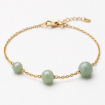 Triple Green Jade Bead Station Bracelet on Fine Chain in Gold Tone