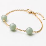 Triple Green Jade Bead Station Bracelet on Fine Chain in Gold Tone - Image 3