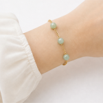 Triple Green Jade Bead Station Bracelet on Fine Chain in Gold Tone - Image 2