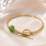 Green Jade Bead Toggle Bracelet in Gold Tone - 图片 4