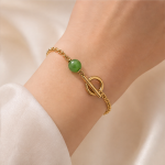 Green Jade Bead Toggle Bracelet in Gold Tone - 图片 2