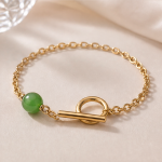 Green Jade Bead Toggle Bracelet in Gold Tone
