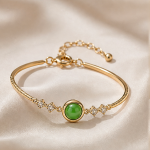 Green Jade Cabochon Bangle Bracelet with Pave Row in Gold Tone