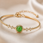 Green Jade Cabochon Bangle Bracelet with Pave Row in Gold Tone - Image 3