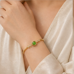 Green Jade Cabochon Bangle Bracelet with Pave Row in Gold Tone - Image 4