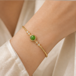 Green Jade Cabochon Bangle Bracelet with Pave Row in Gold Tone - Image 2