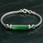 Green Agate Bar Bracelet with Bezel Accents in Sterling Silver