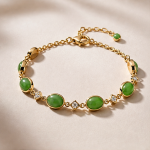 Oval Green Jade and Square Cubic Zirconia Bracelet in Gold Tone
