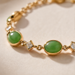 Oval Green Jade and Square Cubic Zirconia Bracelet in Gold Tone - Image 4