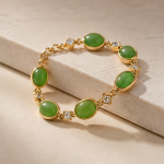 Oval Green Jade and Square Cubic Zirconia Bracelet in Gold Tone - Image 3