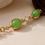 Oval Green Jade and Square Cubic Zirconia Bracelet in Gold Tone - Image 6