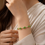 Oval Green Jade and Square Cubic Zirconia Bracelet in Gold Tone - Image 5
