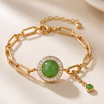 Green Jade Halo Bracelet on Paperclip Chain in Gold Tone
