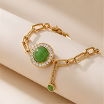 Green Jade Halo Bracelet on Paperclip Chain in Gold Tone - 图片 3