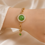 Green Jade Halo Bracelet on Paperclip Chain in Gold Tone - 图片 2