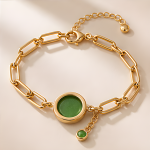 Green Jade Halo Bracelet on Paperclip Chain in Gold Tone - 图片 4