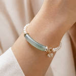 Curved Green Jade Bar and Pearl Bracelet with Flower Charm in Gold Tone - Image 5