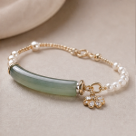 Curved Green Jade Bar and Pearl Bracelet with Flower Charm in Gold Tone - Image 6
