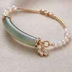 Curved Green Jade Bar and Pearl Bracelet with Flower Charm in Gold Tone - Image 3