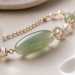 Elongated Green Jade Bead Bracelet with Pearls in Gold Tone - 图片 6