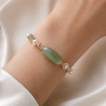 Elongated Green Jade Bead Bracelet with Pearls in Gold Tone - 图片 5