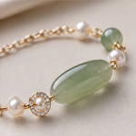 Elongated Green Jade Bead Bracelet with Pearls in Gold Tone - 图片 7