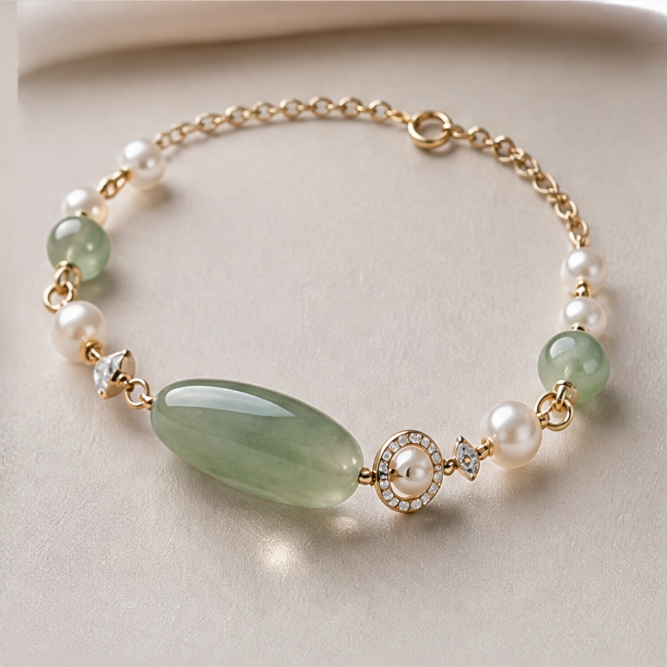 1786611564_dc28f124-5 Elongated Green Jade Bead Bracelet with Pearls in Gold Tone - 图片 1